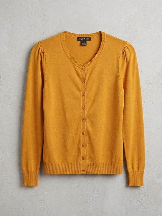 august silk Sweaters - August Silk - Silk Blend Gathered Shoulder Cardigan Mustard Gold Button Down S